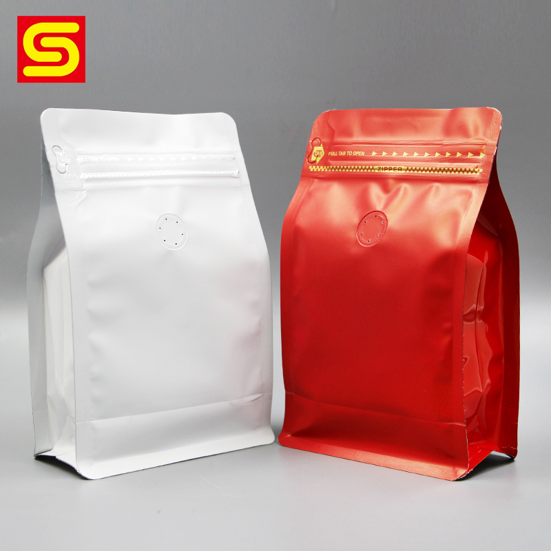 Flat Bottom Laminate Coffee Pouch With Valve and Ziplock