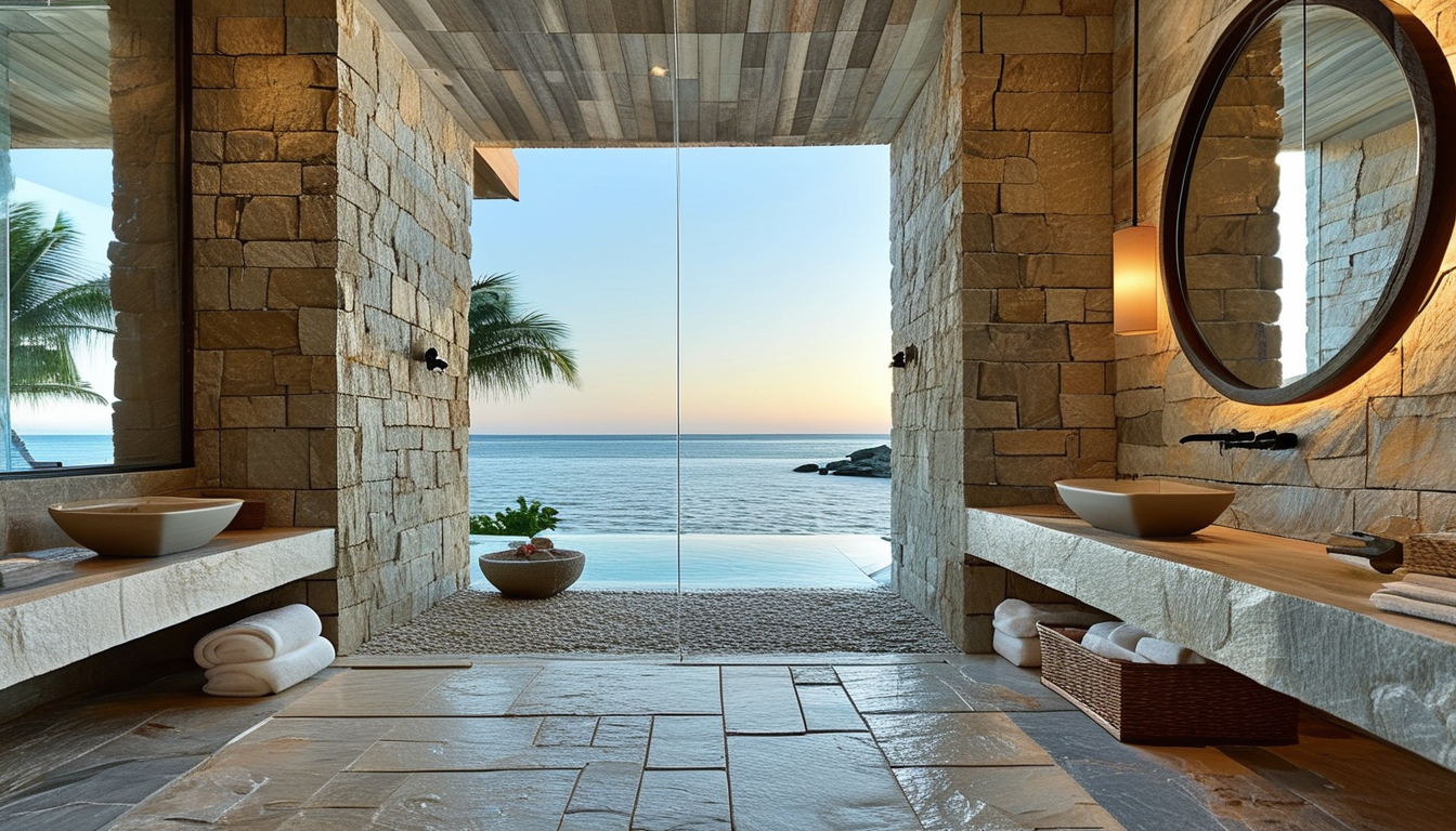Thin Flagstone Veneer For Coastal Resort Bathrooms And Shower Walls