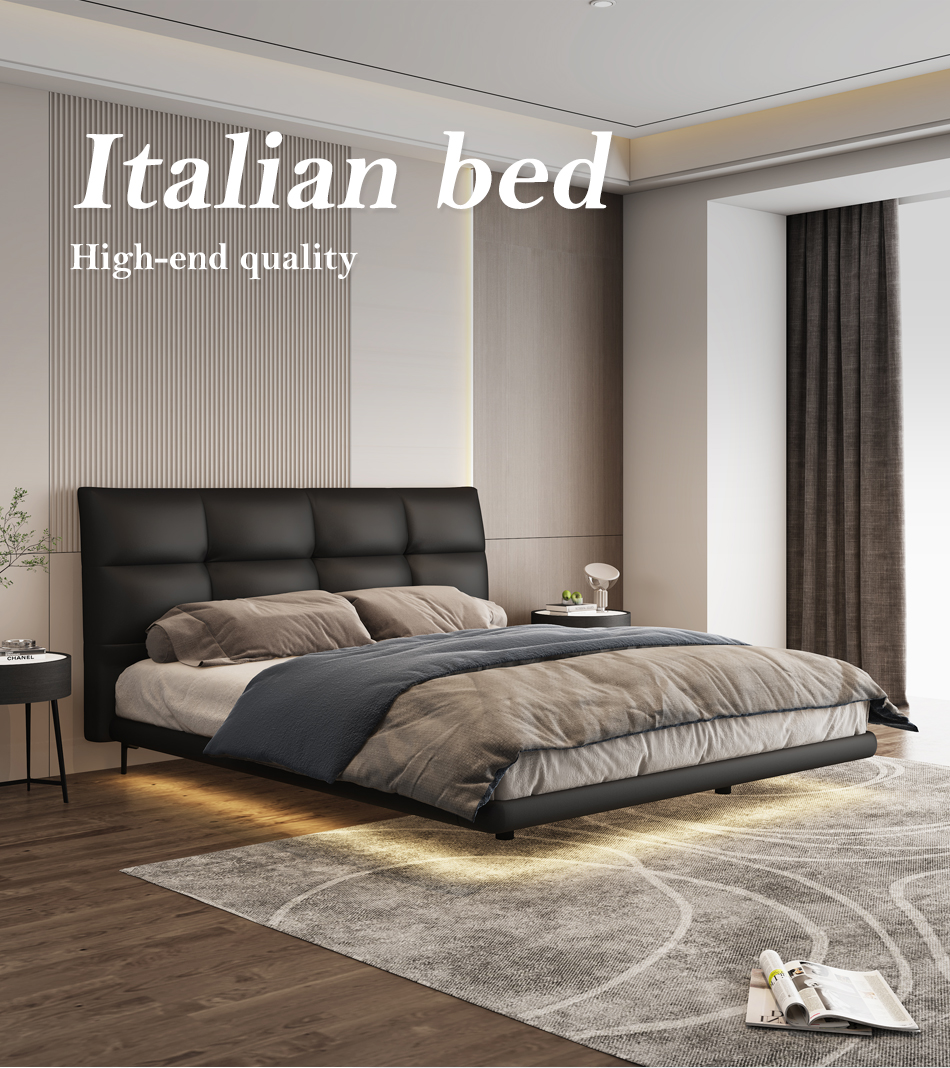 Italienische Luxus-Doppelbett-Schlafzimmermöbel, modernes Leder-Kingsize-Bett (1)grj