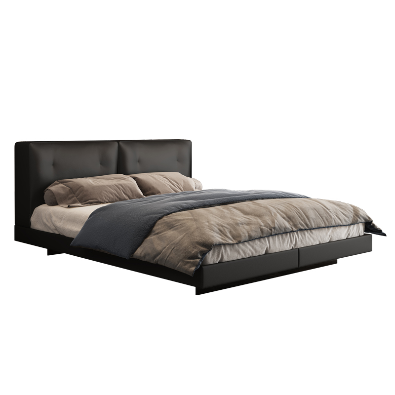 Cama de casal de couro luxuosa italiana, mobília de quarto minimalista, cama macia