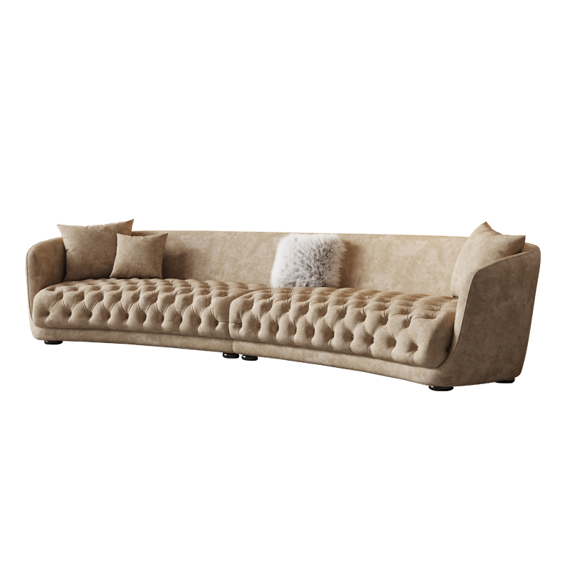 Luxury Curved Khaki Soft Sofa Upholstered Flannel Velvet Cozy Sofa