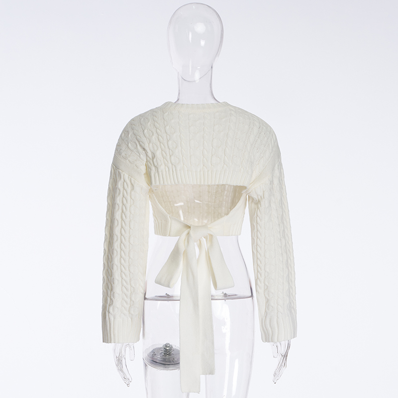 Women's Round neck Long Sleeve Backless Tie Bow Twist Sweater
