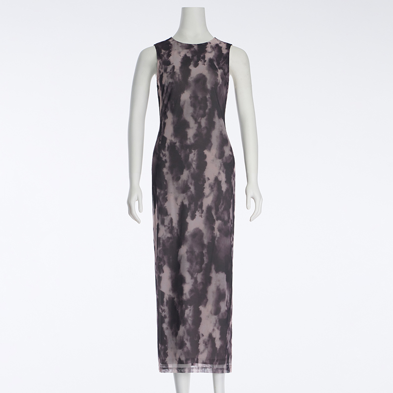 Mesh Abstract Painting Printed Vest Long Sexy Fashion Hip-Hugging Dress
