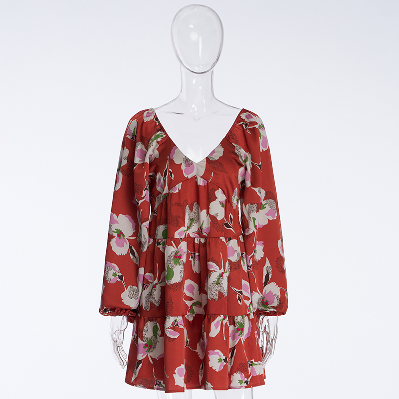 Elegant And Ladylike Red Printed Puff Long-sleeved Satin Loose V-neck Dress