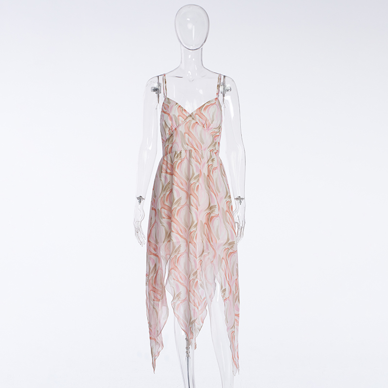 Beach Dress, Seaside Vacation Dress, Backless Floral Suspender Pink Dress