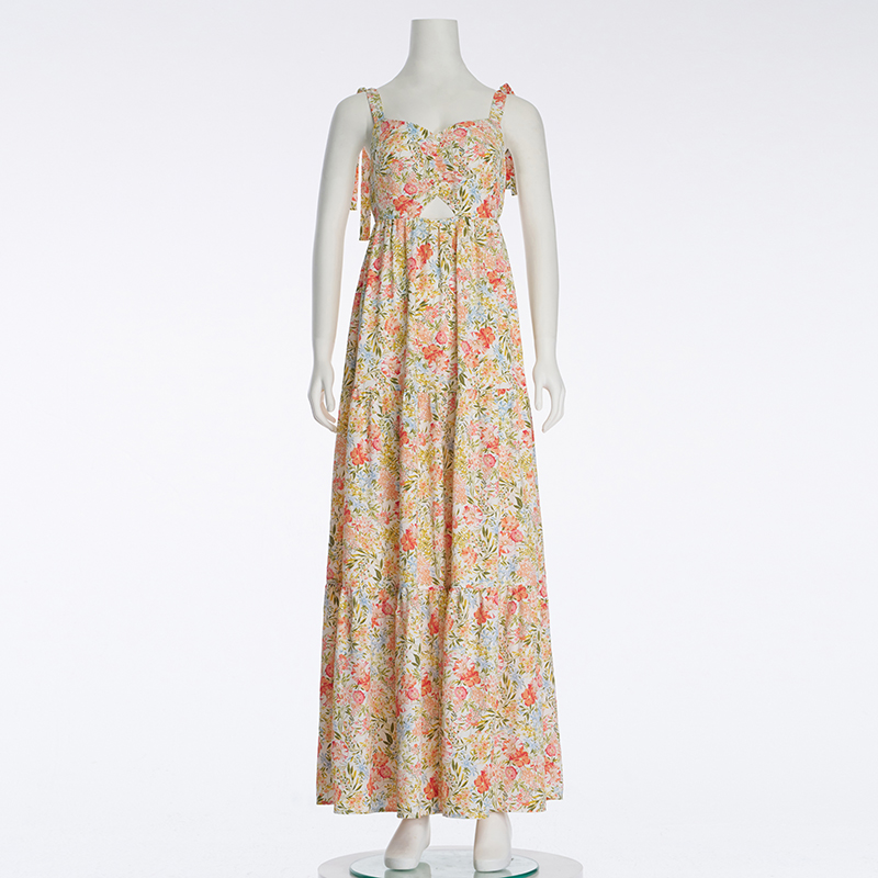 Spring And Summer New Temperament Sleeveless Bow Tie Floral Dress Long Skirt