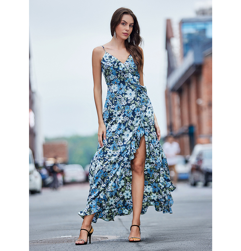 Spring And Summer New Temperament French V-neck Slit Suspender Floral Dress