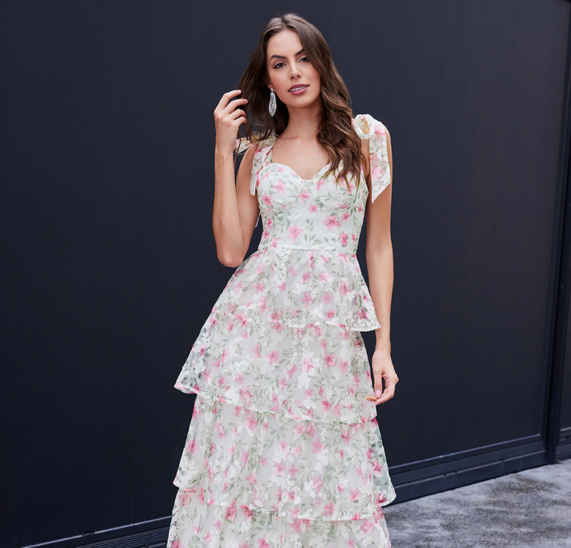 Women's Romantic And Lively Organza/Chiffon Printed Shoulder Strap Dress, Cake Skirt