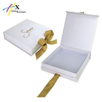 stamping gold logo white paper gift box with ribbon closure