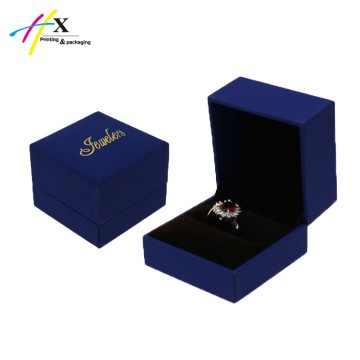 Small blue ring box with gold logo