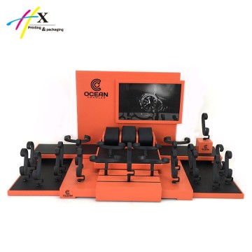 orange watch display with brand logo and image