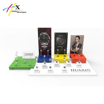 glossy finish 3 backs colorful MDF&acrylic watch display stand 