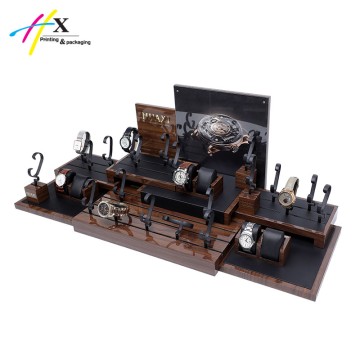 Glossy finishing dark brown watch display set with wood grain