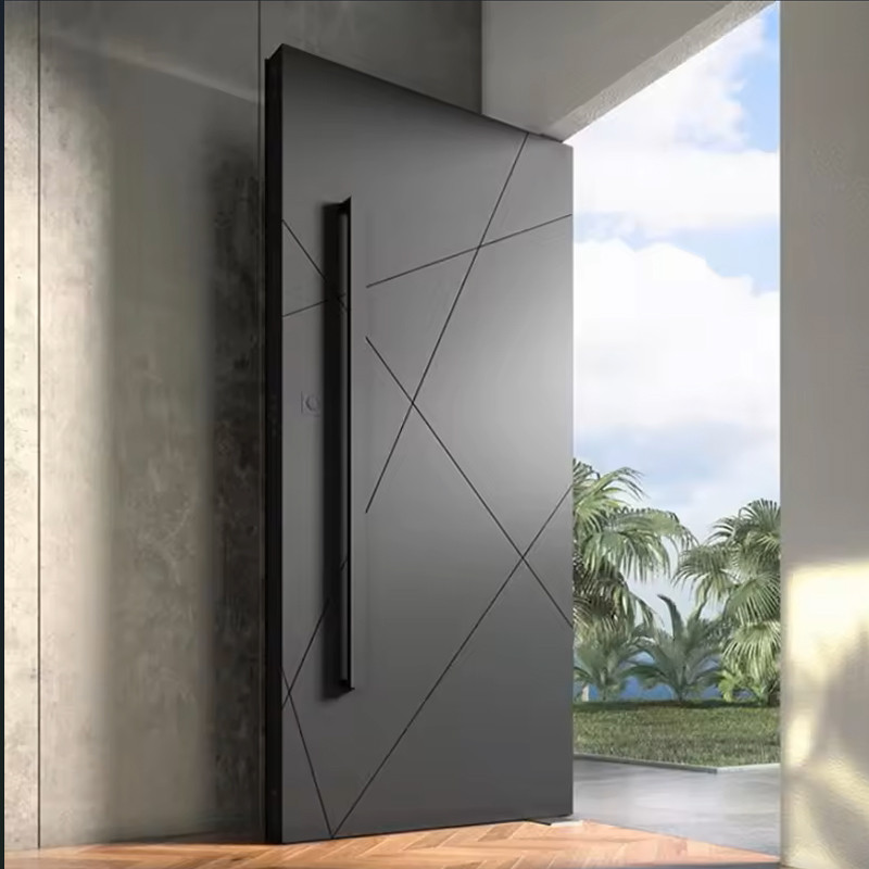 Modern Pivot Entry Door | Black Aluminum Villa Security Front - DERCHI