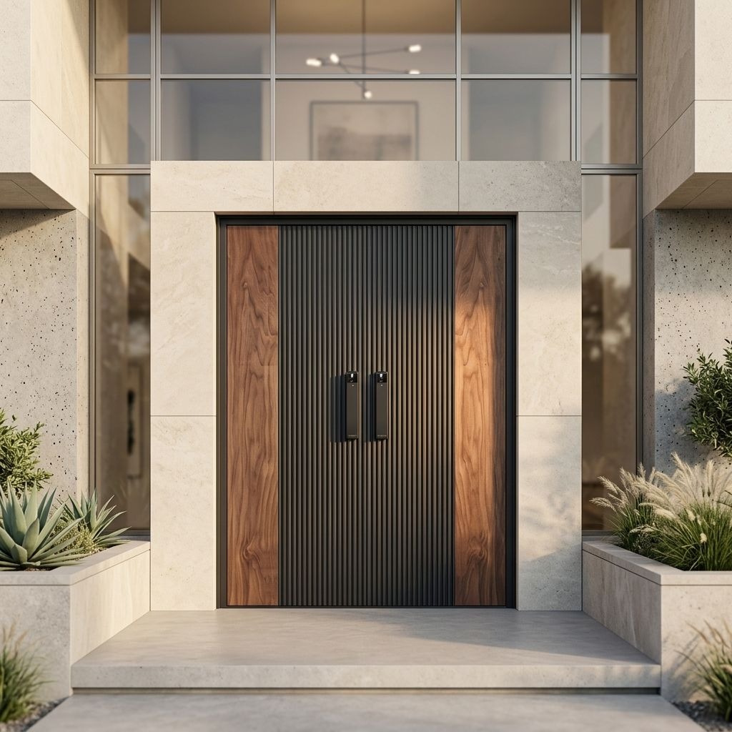 Minimalist Aluminum Pivot Door | Wood Grain Villa Front Entry - DERCHI
