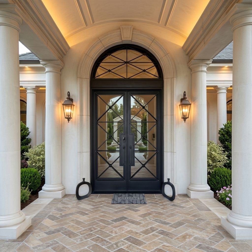 Wrought Iron Double Entry Door | Round Top Tempered Glass Door - DERCHI
