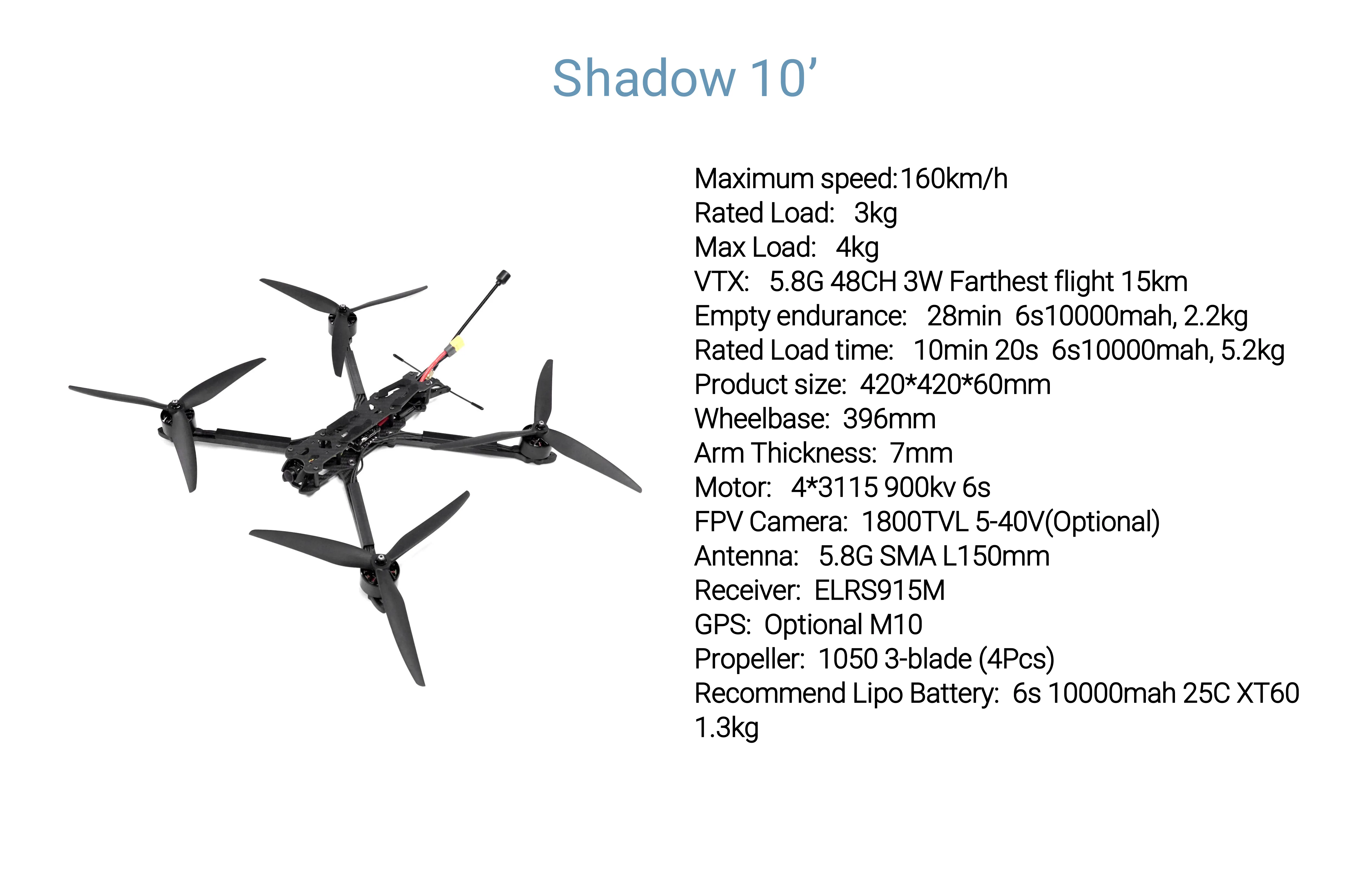 10-inch multi-tasking drone for agriculture and security inspections, with 3115 900KV motors and a 28-minute flight time on a 6S 10000mAh battery.