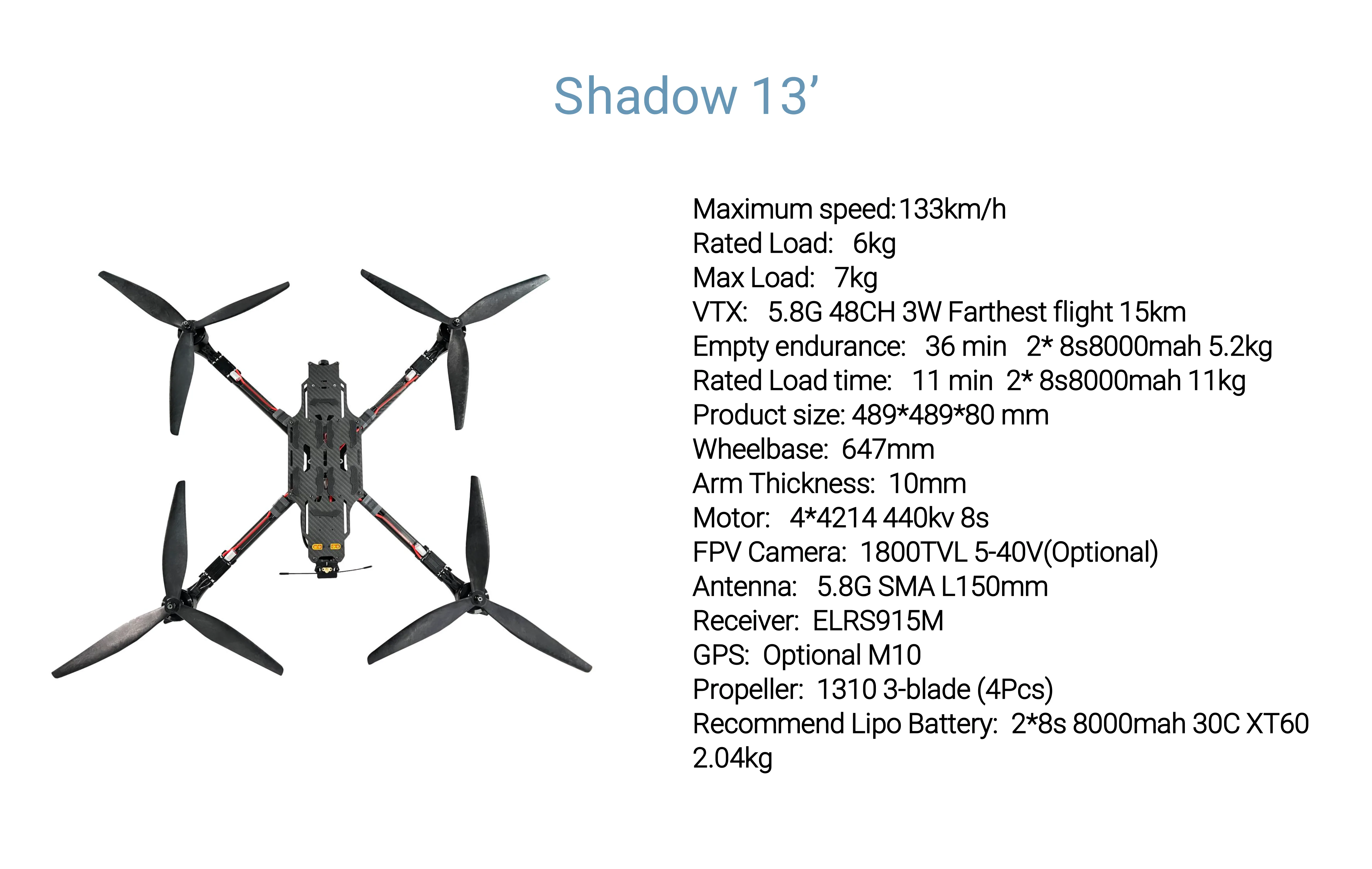 13-inch heavy-lift drone for logistics and surveying, with a 4214 440KV motor and 36-minute flight time, capable of carrying up to 7kg.