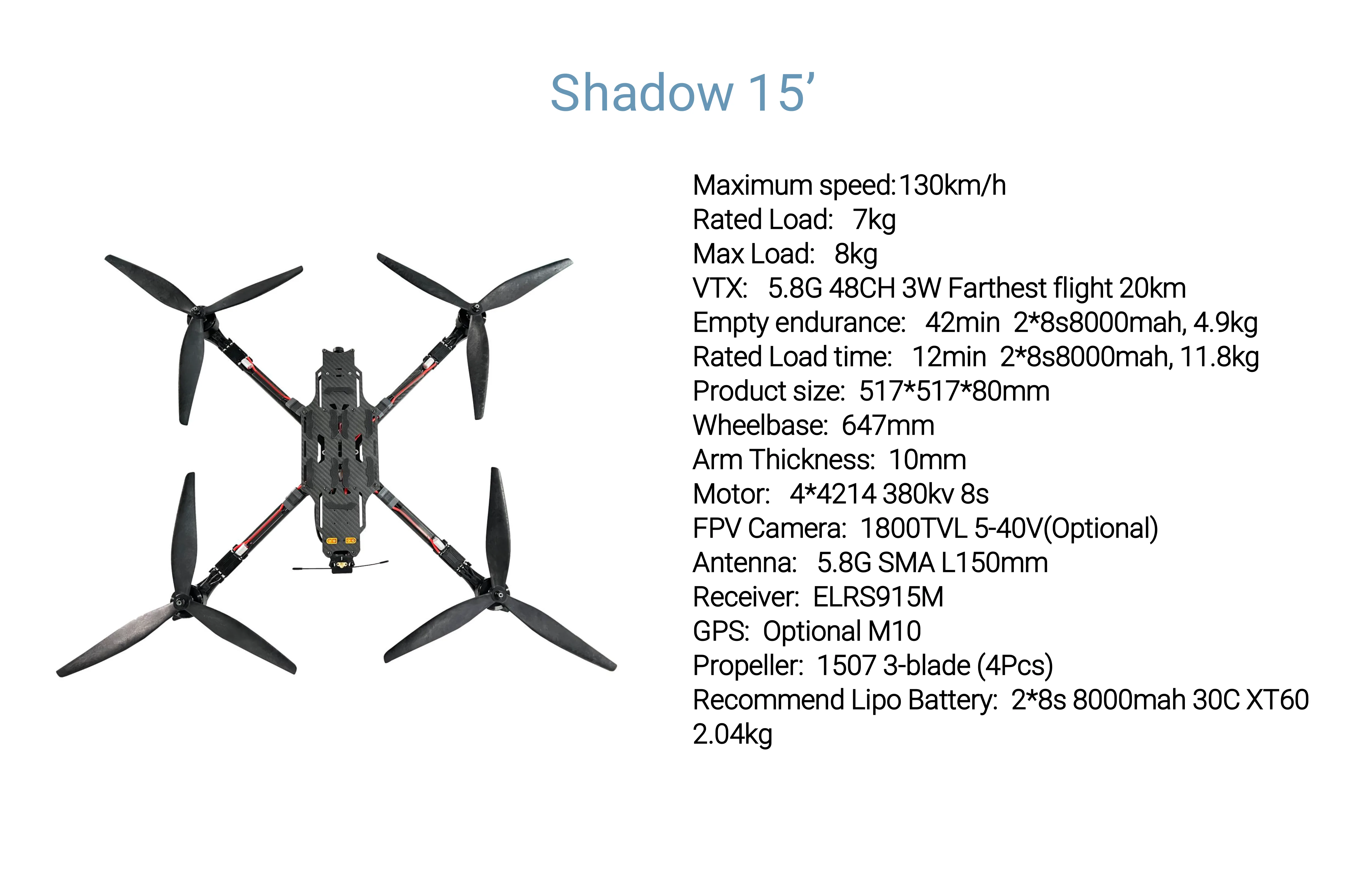 15-inch ultra-long endurance drone for large-scale surveying and powerline inspections, offering up to 42 minutes of flight time with a 7-8kg payload.