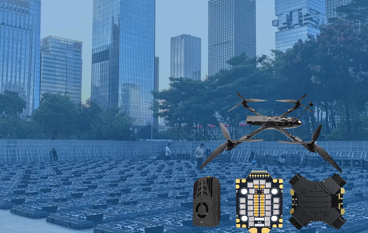 Thousands of drones forming precise light patterns in night sky with circuit board overlay