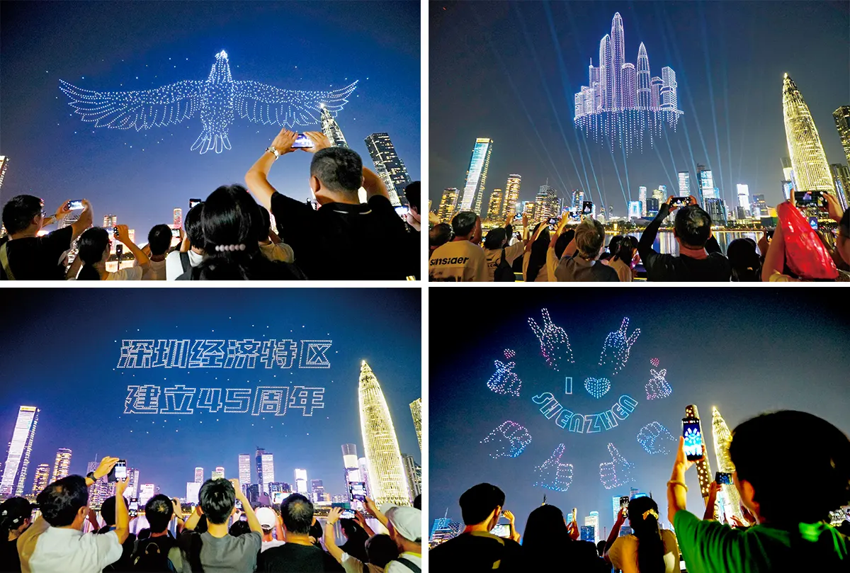 Thousands of drones forming precise light patterns in night sky with circuit board overlay