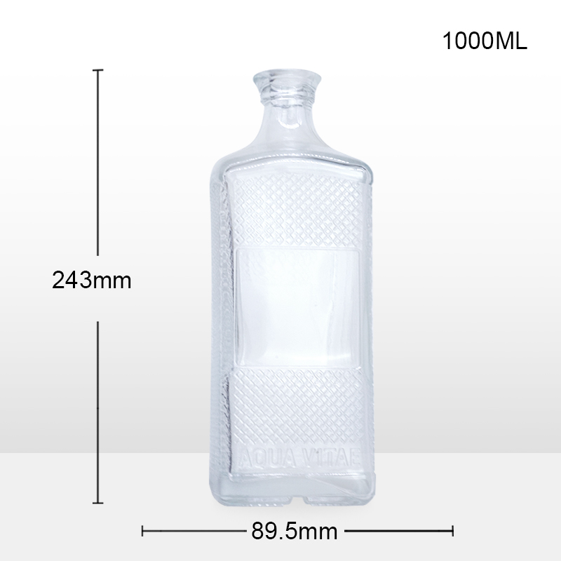 1000ml Square High Quality Engraved Glass Bottle Vodka Whisky Liquor Gin Rum Brandy Spirit Glass Bottle With Cork