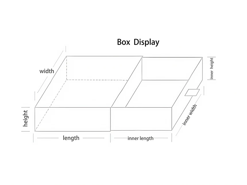 Scatola di cassetti persunalizata chì mostra e dimensioni (LxLxA), chì mostra una misura perfetta per i vostri bisogni di imballaggio di u produttu.