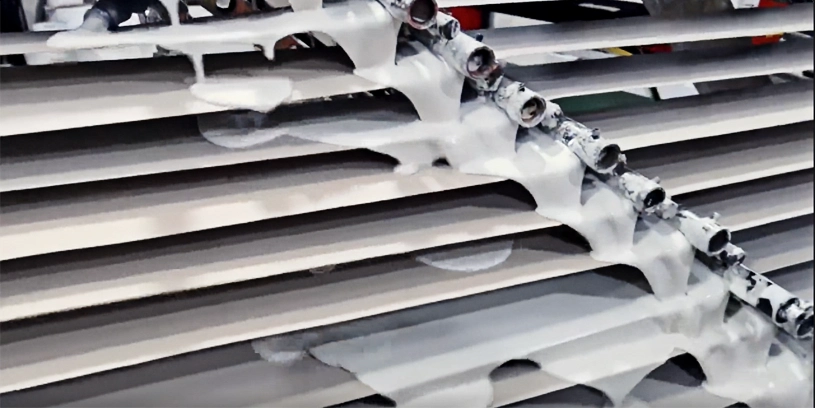 Applying adhesive to paper ribbons during paper tube production.