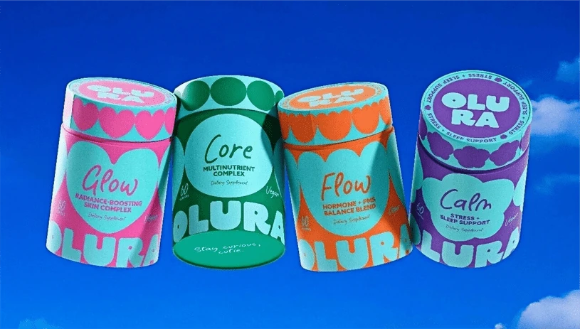 OLURA eco-friendly packaging with recyclable paper tubes and sustainable design.
