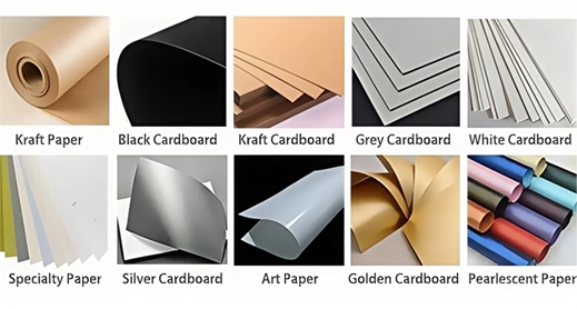 Different types of eco-friendly paper materials for round tube packaging, recyclable and sustainable.