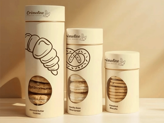 Ympäristöystävällinen keksipaperituubipakkaus.