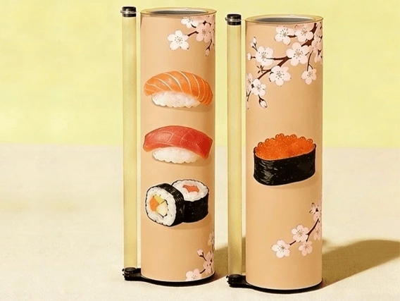 Sushi push pop container for easy, interactive sushi eating without the need for chopsticks.