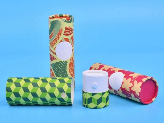 Custom printed eco-friendly paper tube for branding and product presentation.