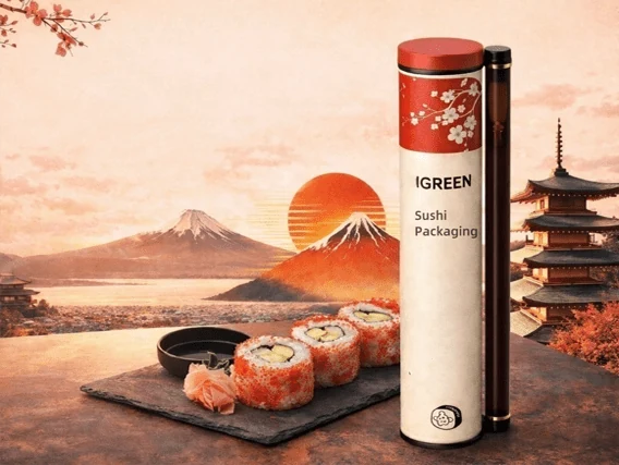 Recyclable sushi packaging tube, ideal for sushi businesses.