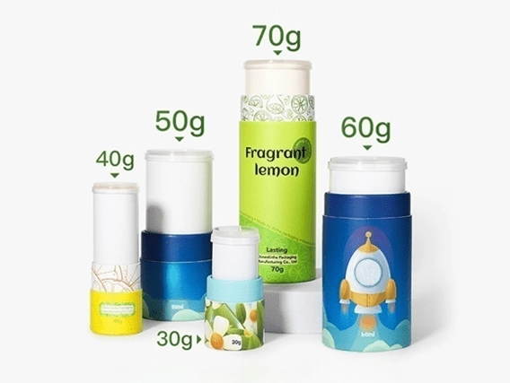 Räätälöidyt kierrettävät paperituubit deodoranttipuikkojen ja huulirasvojen pakkaamiseen.