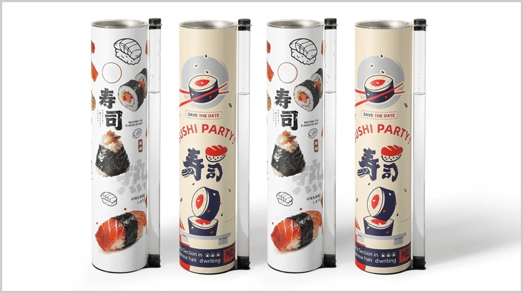 Customizable sushi paper tube packaging, designed for sushi rolls with eco-friendly materials.