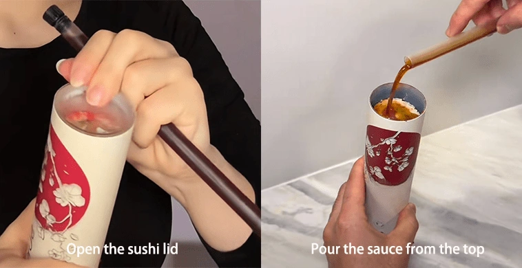 Open the sushi lid, and pour the sauce from the top.
