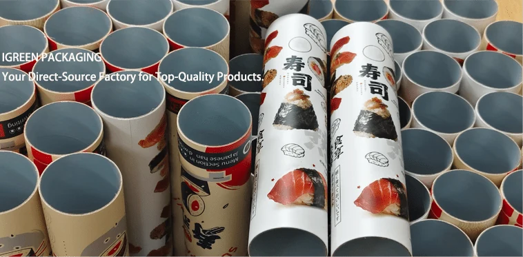 Sushi push pop tube from IGREEN PACKAGING, eco-friendly paper tube with food-grade PP plastic cap and leak-proof design.