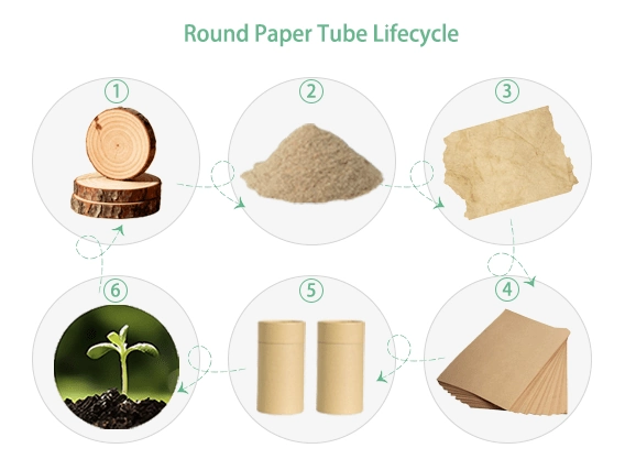 Življenjski cikel embalaže iz okroglih papirnatih cevi.