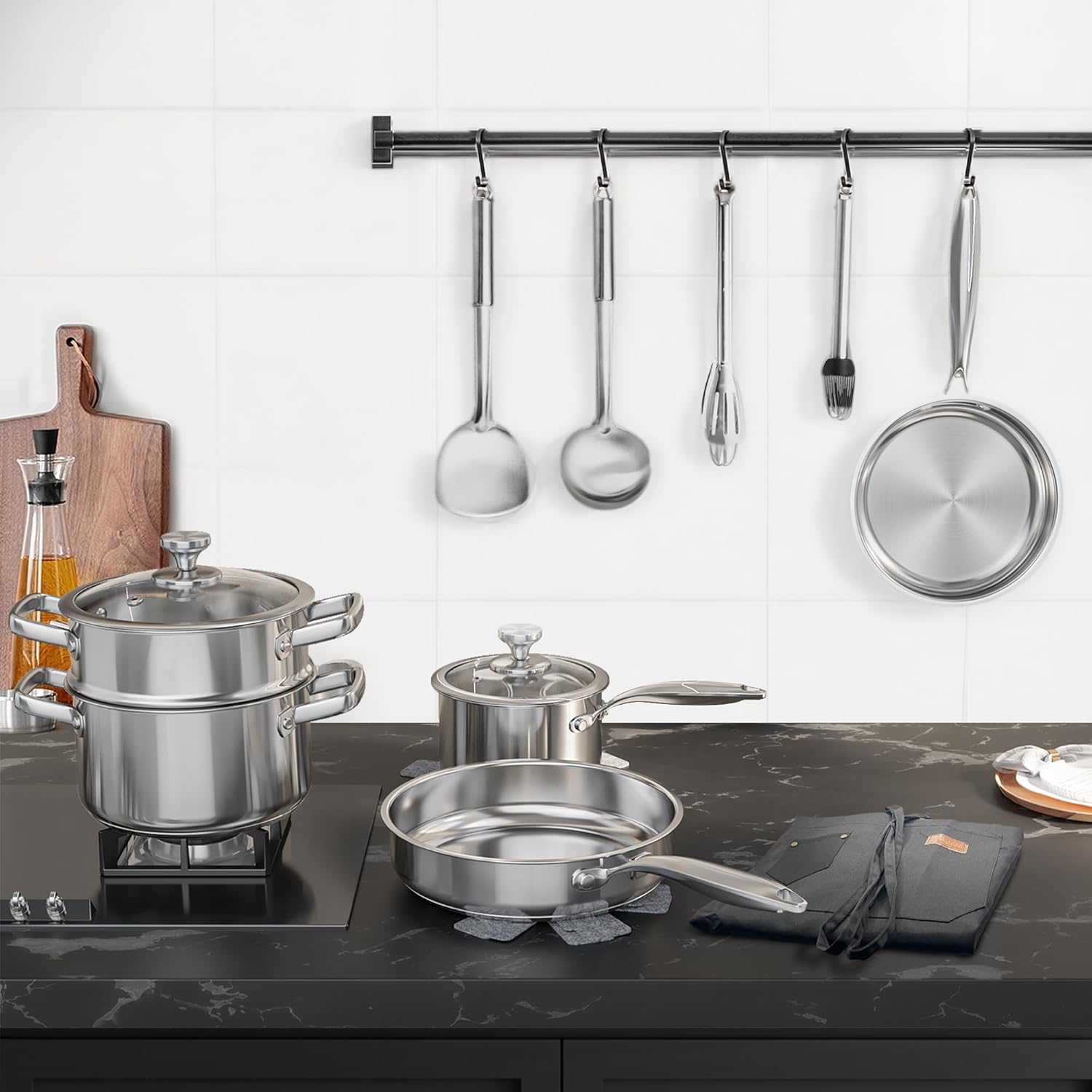 16-Piece Stainless Steel Cookware Set, Kitchen Pots and Pans Set, Induction Pots and Pans Cooking Set with Steamer, Glass Lids, Utensil Sets, Insulating Mats and Apron Compatible with All Stoves