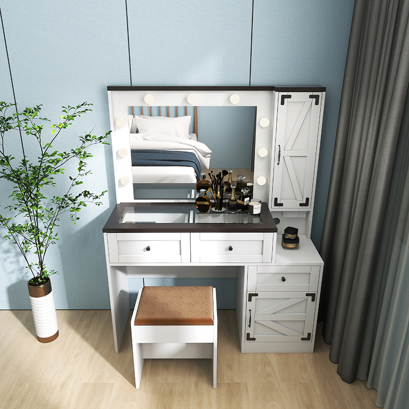 Farmhouse White Girls Makeup Vanity Table with Power Outlet& Top tempered Glass
