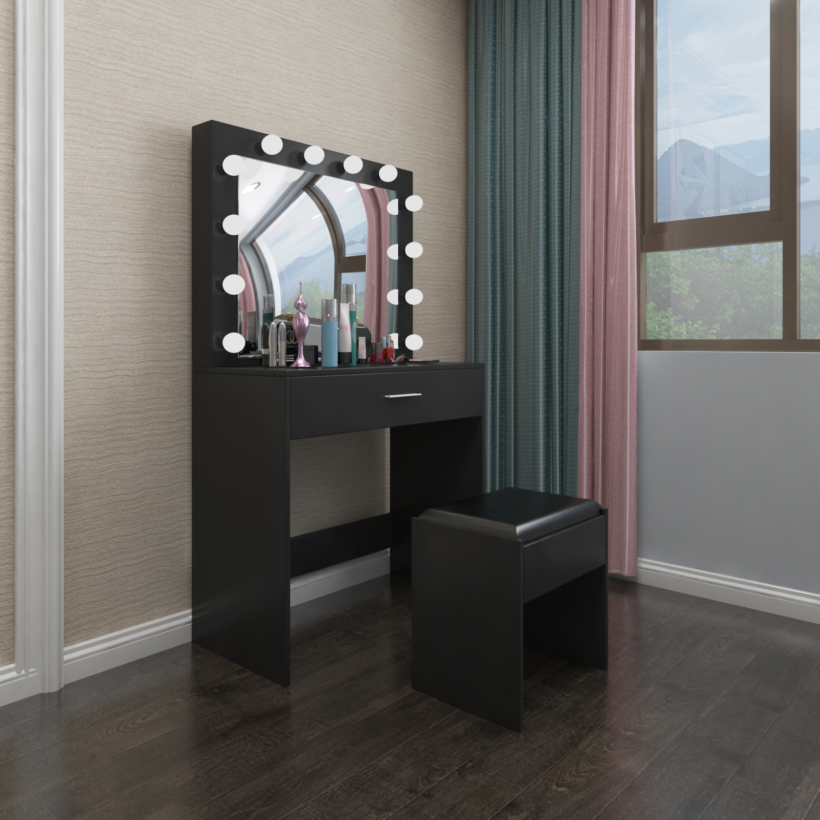 Wooden Makeup desk and stool with mirror and lights