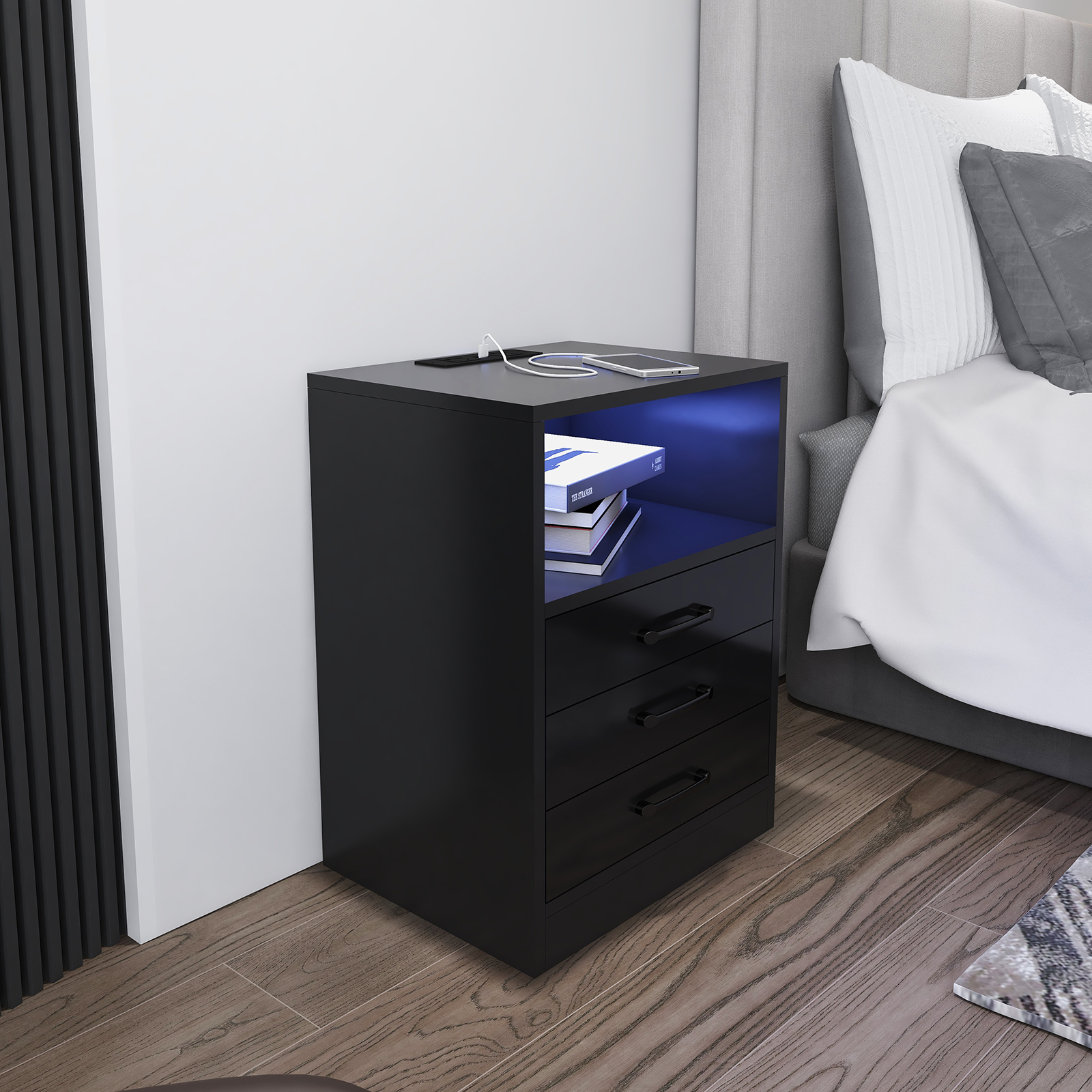 Tall storage Nightstand with Charging Station and light