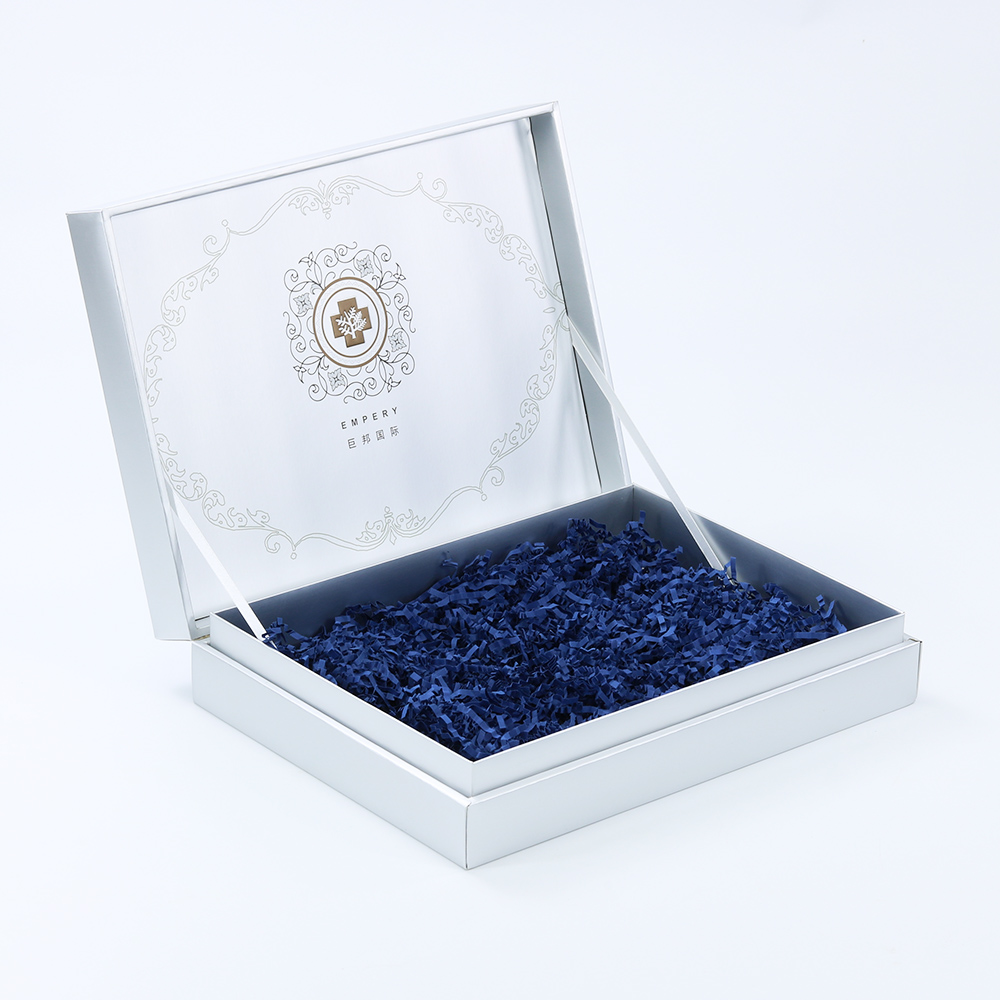 Customized Silver Paper Gift Box With Crinkle Paper Cushion