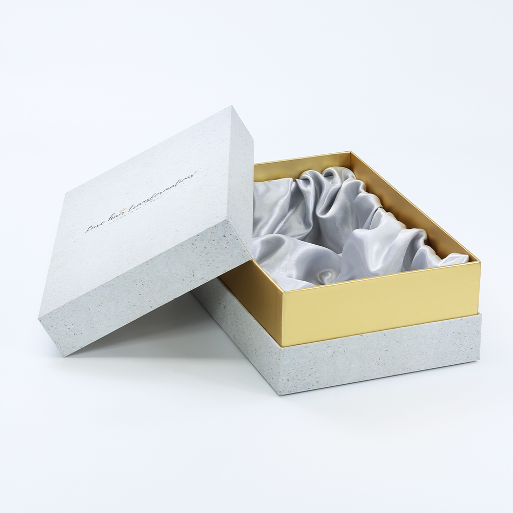 Customized satin lined large paper box package with gold neck