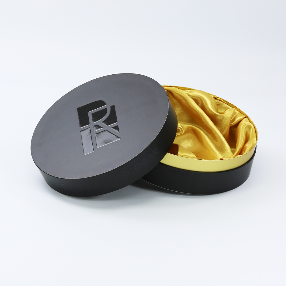Customized satin lined round paper box with UV logo