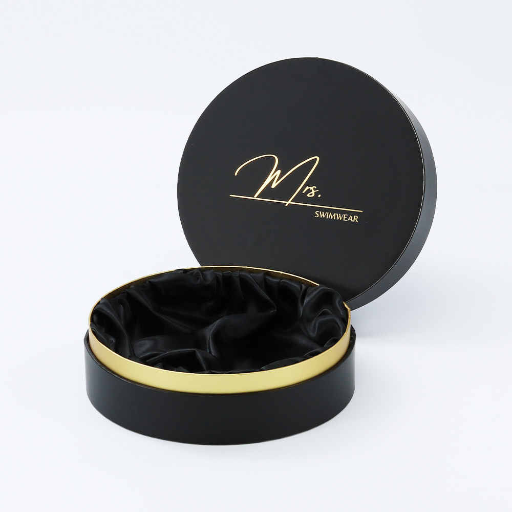 Gold foil stamp satin lined paper box with gold neck