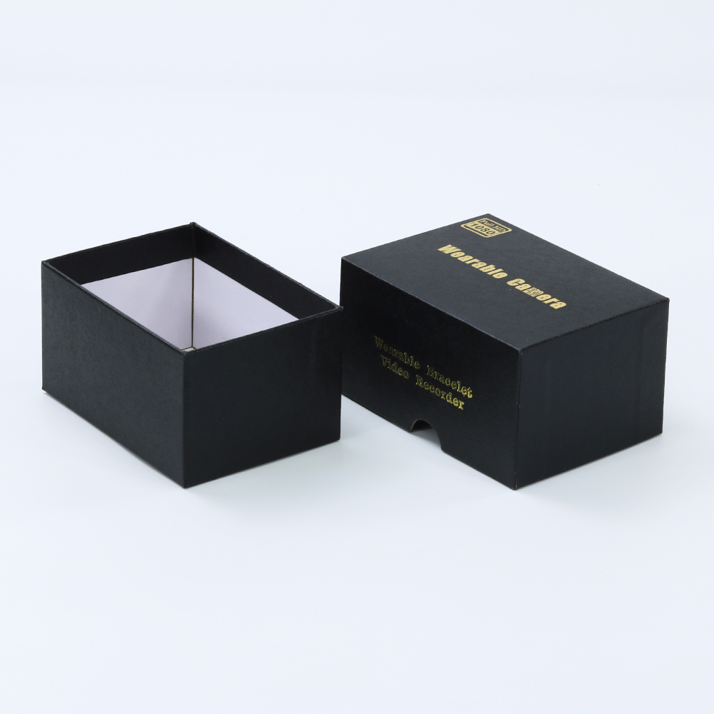 black textured cardboard paper box with gold foil logo