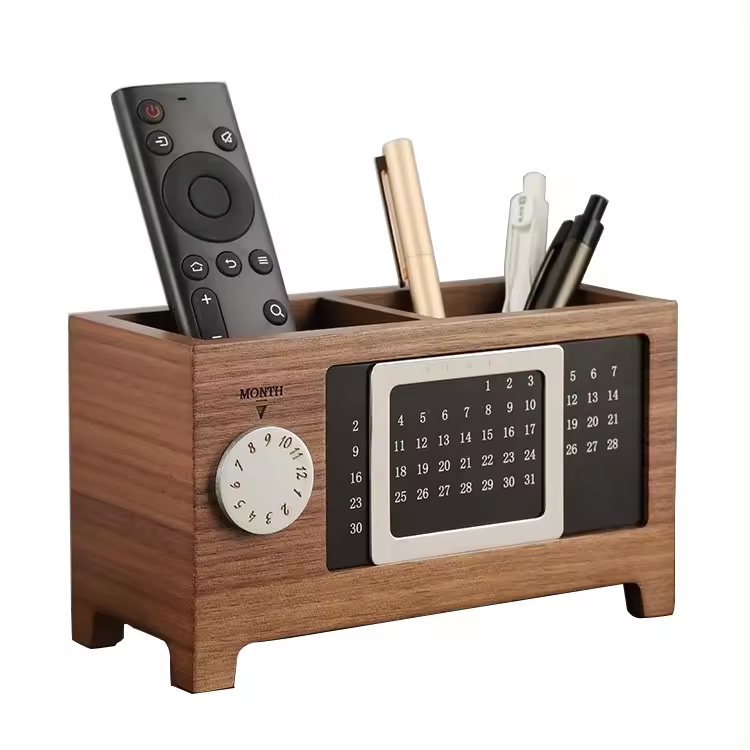 Black Walnut Premium Creative Calendar Clock Desktop Organizer for Office