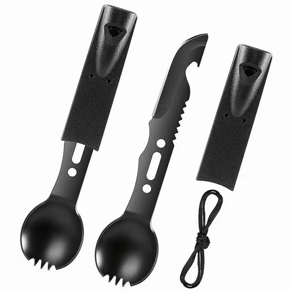 Stainless Steel Multifunctional Camping Knife Fork Spoon Whistle Survival Tool